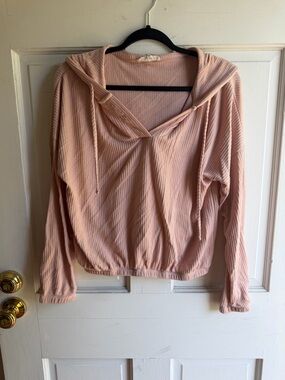 Ribbed V-Neck Hoodie Top - Blush Pink